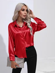 2024 Lente Zomer Satijnen Shirt Vrouwen V-hals Lange Mouw Kantoor Shirt Blouses Dames Zwart Wit Zijde Losse Shirts Voor Vrouwen