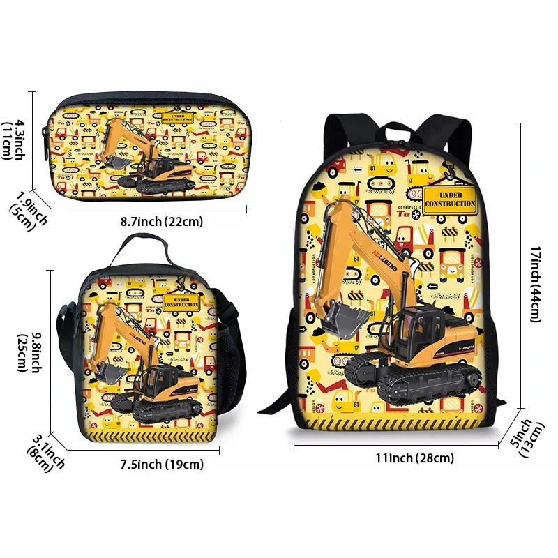 3pcs Set Cartoon Car Excavator Backpacks For Boy/Girls Best Gifts 2D Flat Cartoon School Backpack Bag For Children