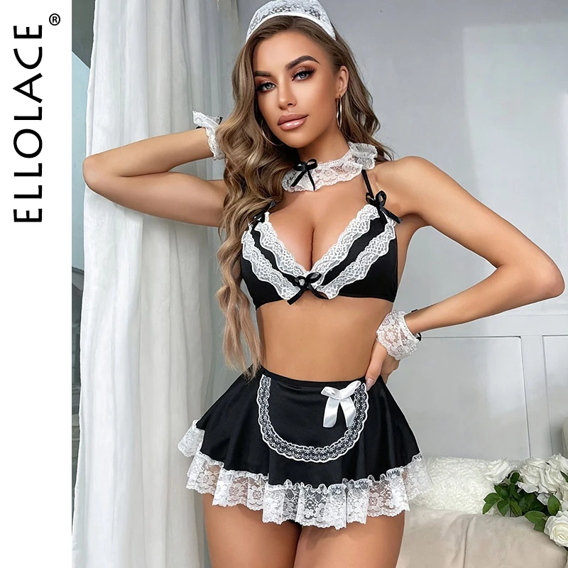 

Ellolace Halloween Lingeries Sexy Hot Maid Cosplay Bra Skirt Thong 3PC with Accessories Cute Contrast Color Lolita Party Costume