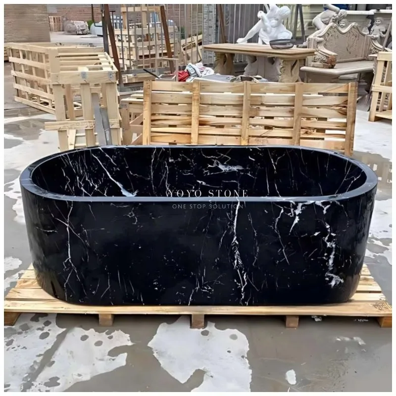 Luxury Black Natural Stone Freestanding Marble Soaking Tub For Hotel Bathroom