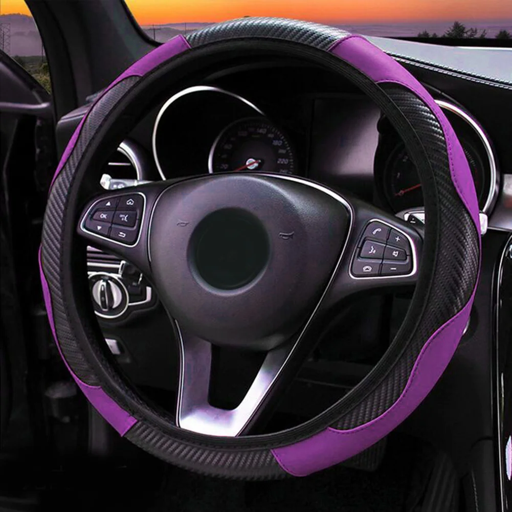 1x Steering Wheel Cover Car Interior Black+Purple Carbon Fiber Leather Protection For 37-38CM Diameter Easy Styling Decoration