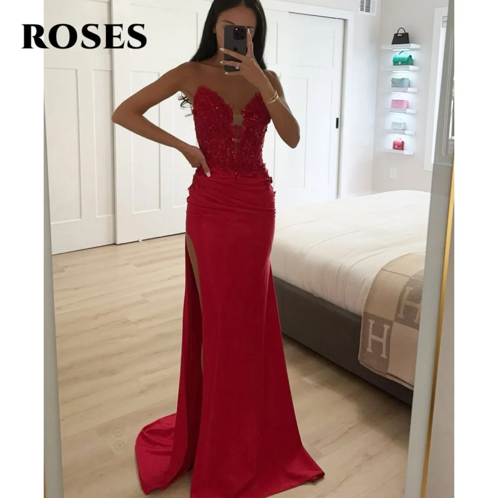 

ROSES Red Sexy Backless Prom Dress Satin Deep V-Neck Sleeveless Prom Gown Shiny Sequins High Split Formal Gown 프롬 드레스 Customized