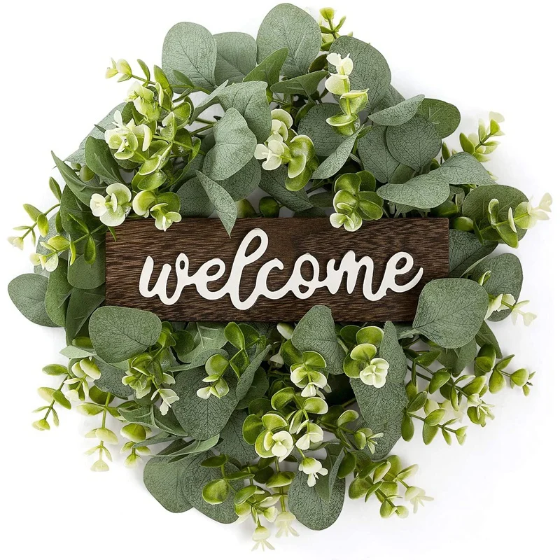 ●Welcome Sign with Garland Door Decoration Wooden Hanging Sign with Artificial Eucalyptus Farmhouse Porch Decoration