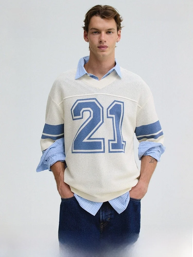 

H&M Men's Loose Fit Hollow out Knitted T-Shirt Comfortable Soft Polyester Cotton Blend Casual Style Short Sleeve V-Neck