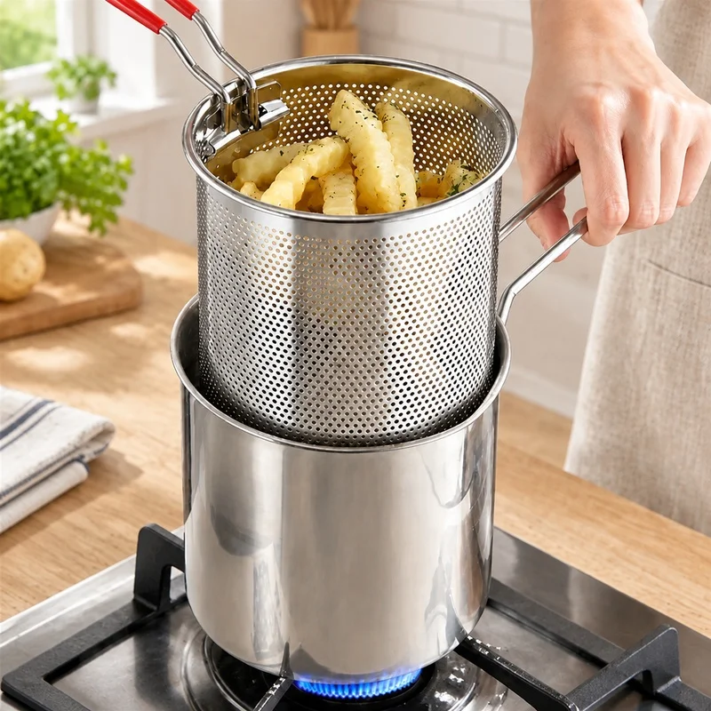 Home Kitchen Deep Fryer with Basket and Oil Strainer, Stainless Steel Compact Design for Crispy Fries and Chicken Wings