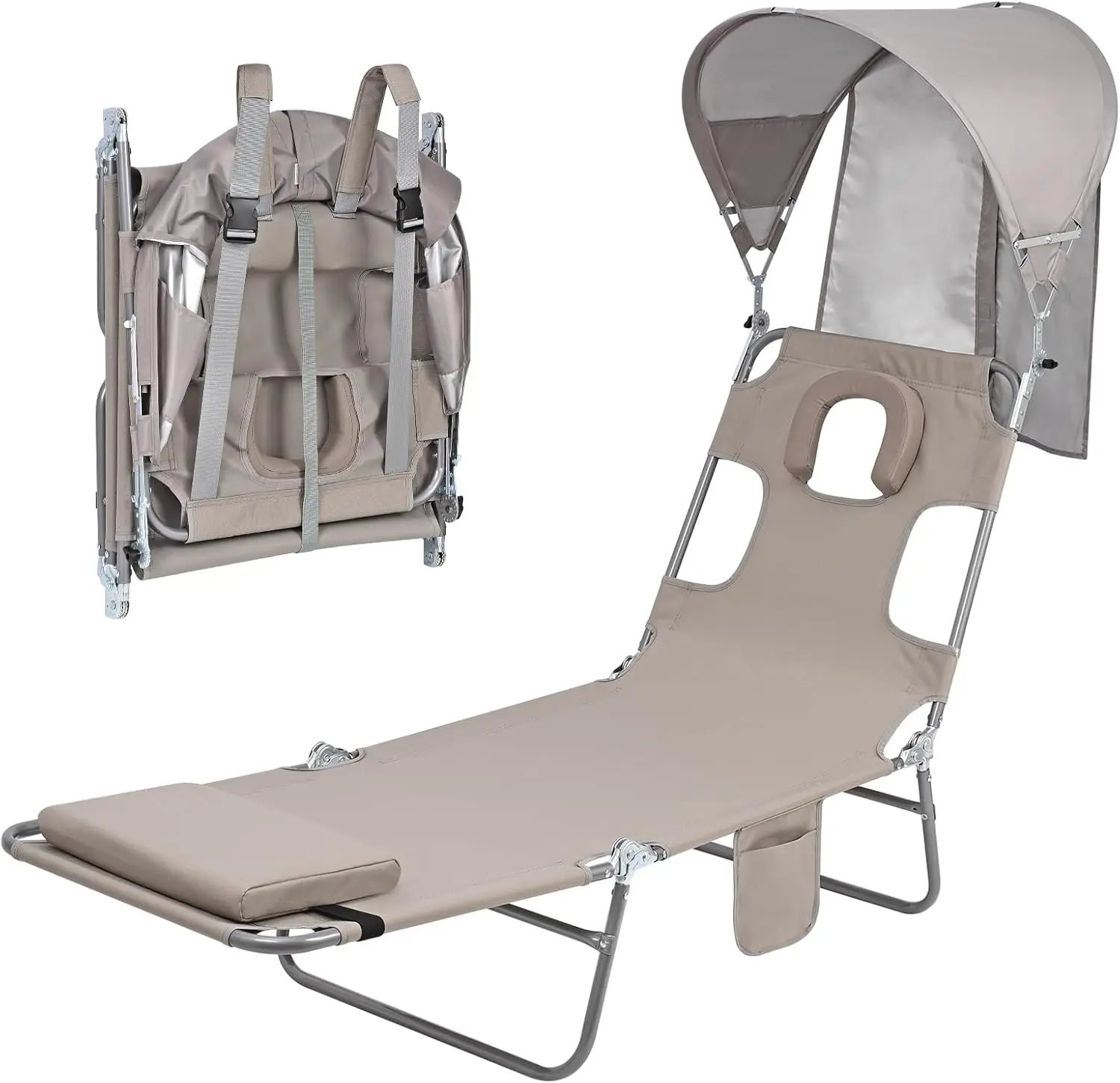 

6-Position Folding Lounge Chair with Canopy & Face Hole, UPF 50+ for Beach, Poolside, Camping
