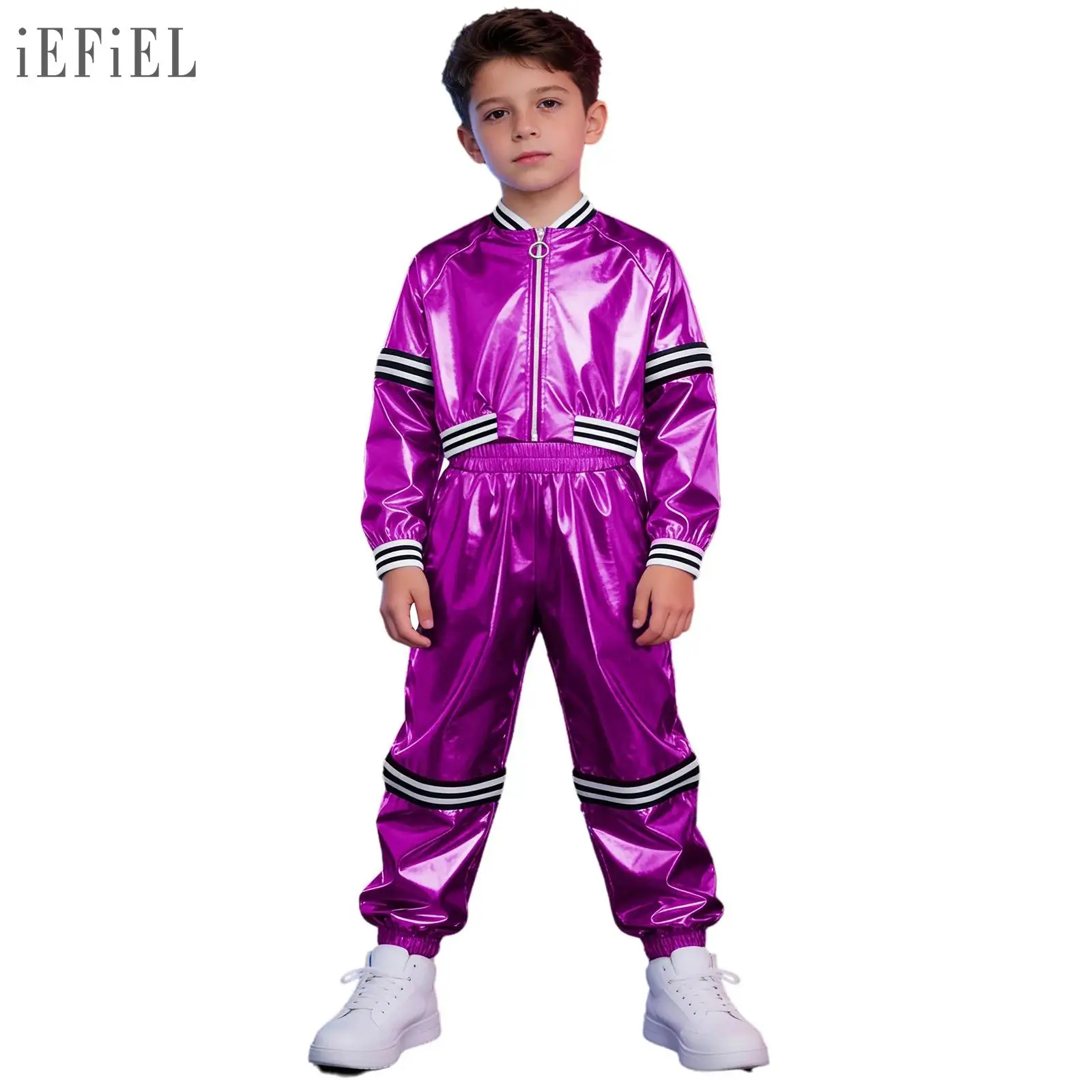 

Детская одежда для танцев в стиле хип-хоп для мальчиков и девочек, куртка на молнии с отстегивающимся воротником и длинными рукавами в полоску, брюки с эластичным поясом