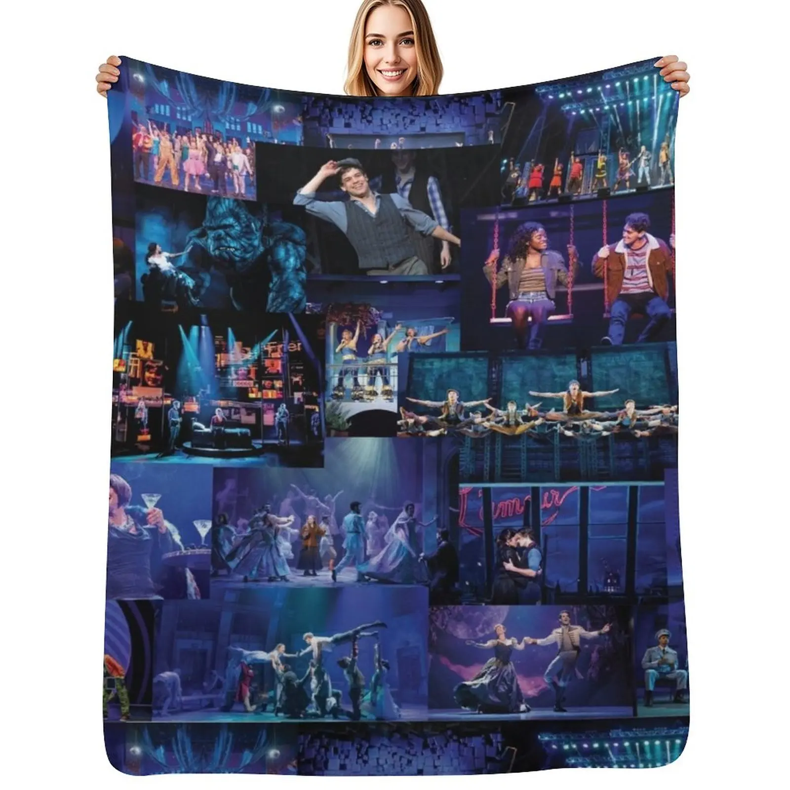 Blue Broadway Show Collage Throw Blanket Soft Comfort Blanket for Reading Watching TV