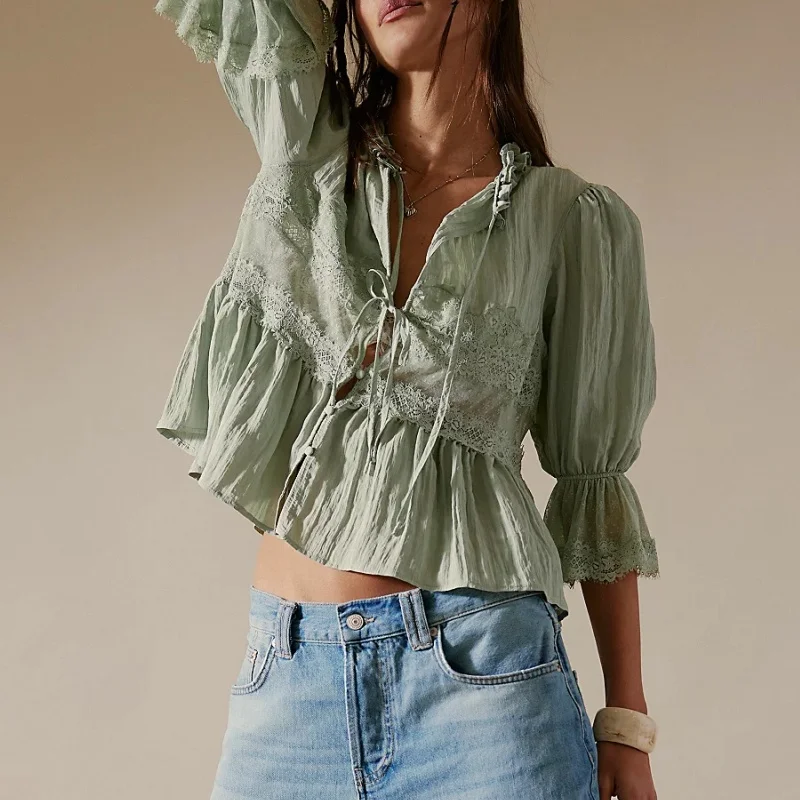 المرأة كشكش ربطة القوس فيونكة بيبلوم القمم بوهو شير فلوي كم قصير بلوزة الدانتيل العيينة مكشكش بيبي دول تيز قميص الشارع الشهير