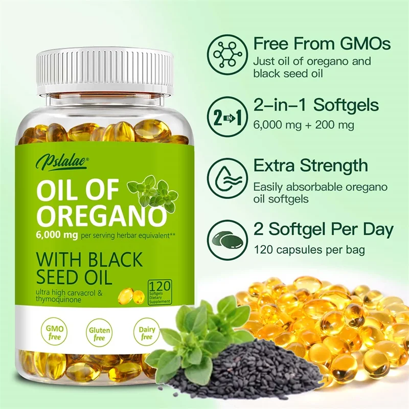 Oregano Oil Softgels - Contains Black Seed Oil, Promotes Digestion and Intestinal Health, Antioxidant, Enhances Immunity