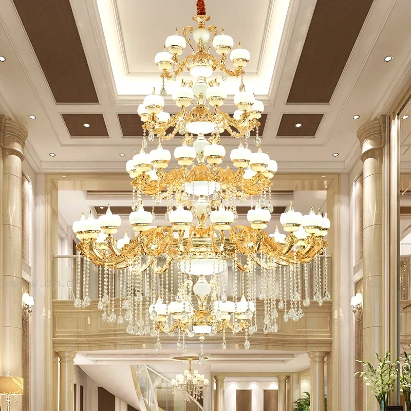 Villa duplex chandelier European style living room building zinc alloy imitation jade luxury atmosphere crystal lamp