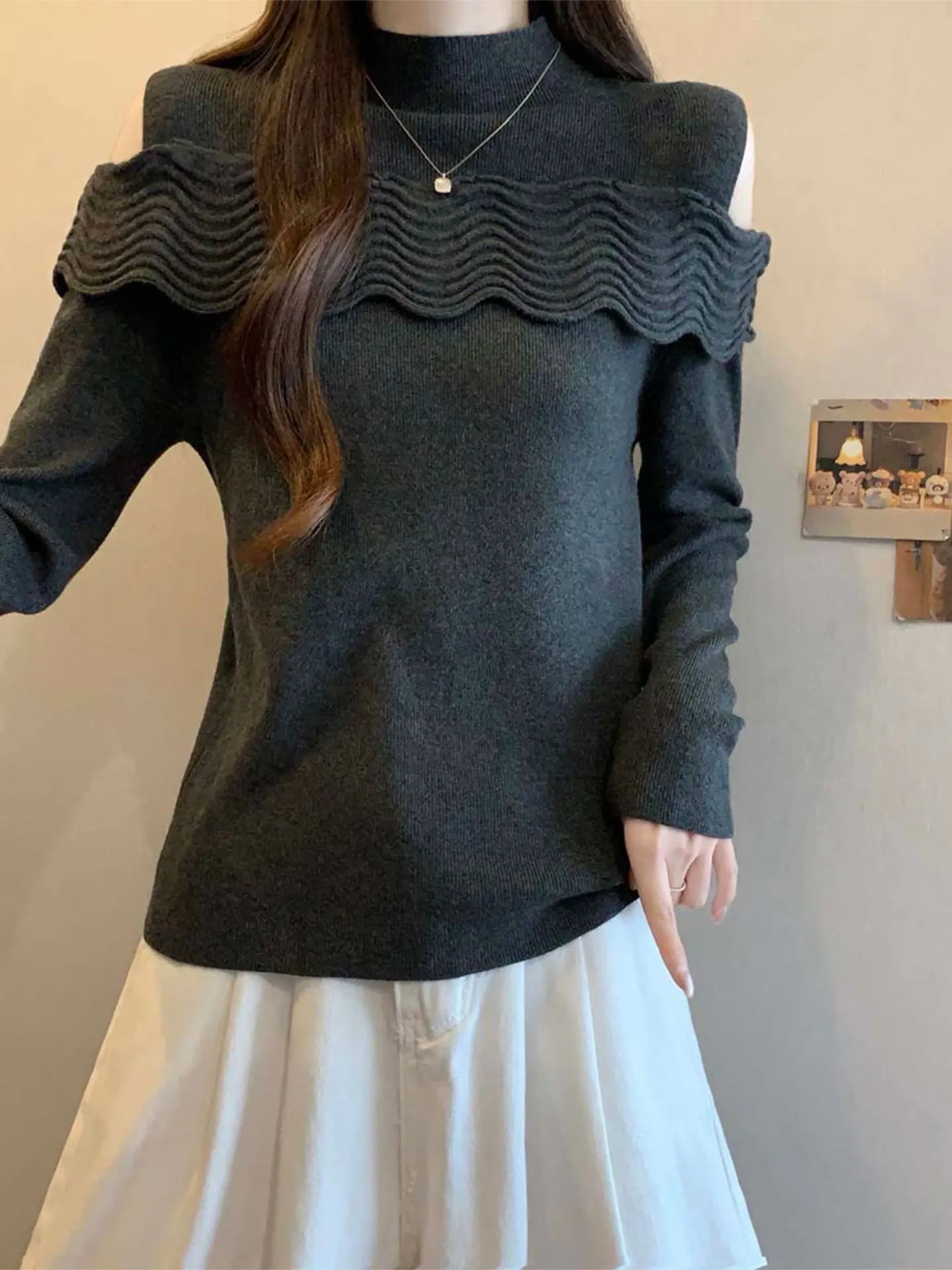 

Ele f-High Collar Long Sve Knitted Top Women's Base irt oulder Hole Design Casual Loose Fit Autumn Winter Faion