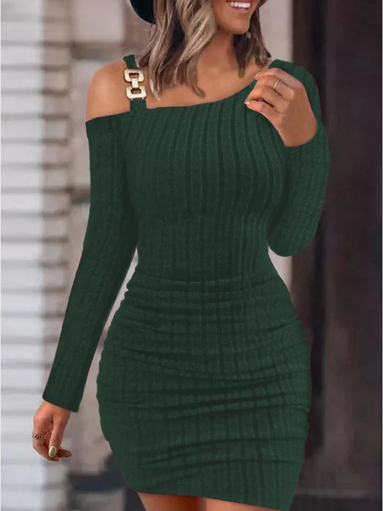 

Autumn Winter New Solid Metal Button Oblique Shoulder Neck Tight Wrap Hip Slim Fit Sexy Long Sleeve Dress for Women