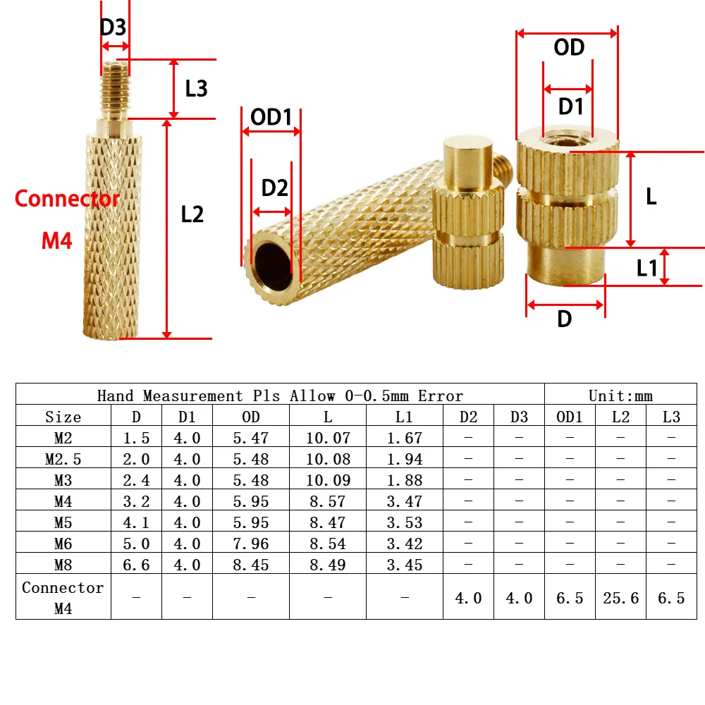 Brass Heat Insert Soldering Iron Tip Connector M2 M2.5 M3 M4 M5 M6 M8 3D Printer Insert Holt Melt Nuts Heat Transfer Head Tool