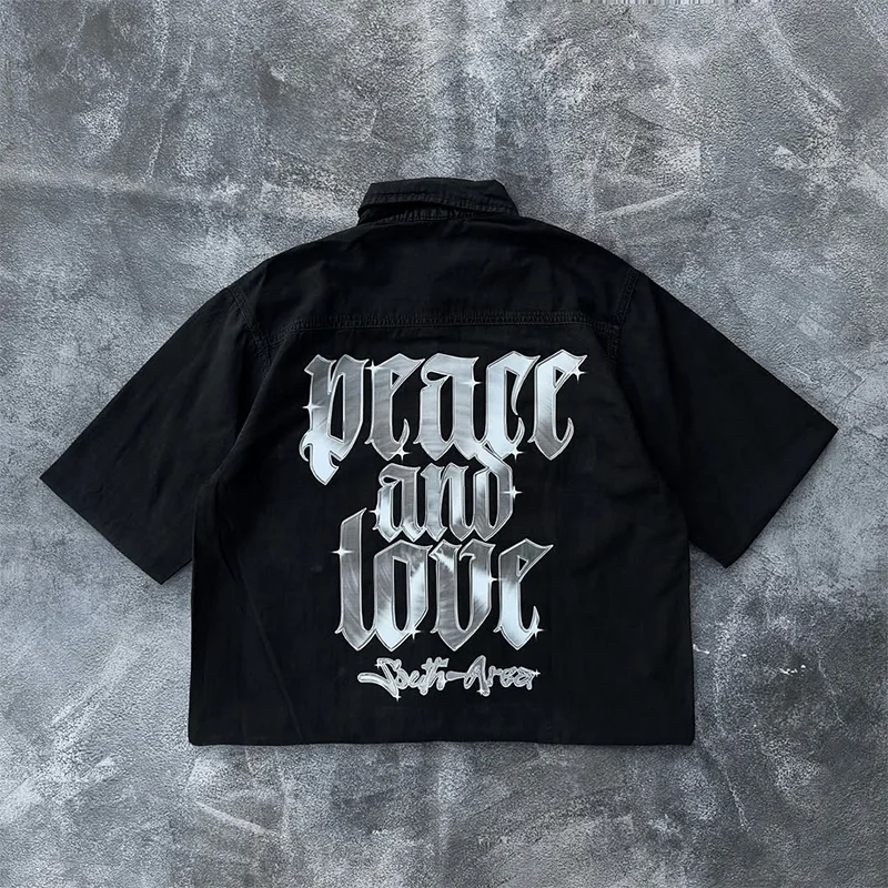 

Peace And Love Graphic Printing Black Short Sleeve Button Down Collar Shirt Y2K Trend Men Women Casual Fashion Streetwear Top