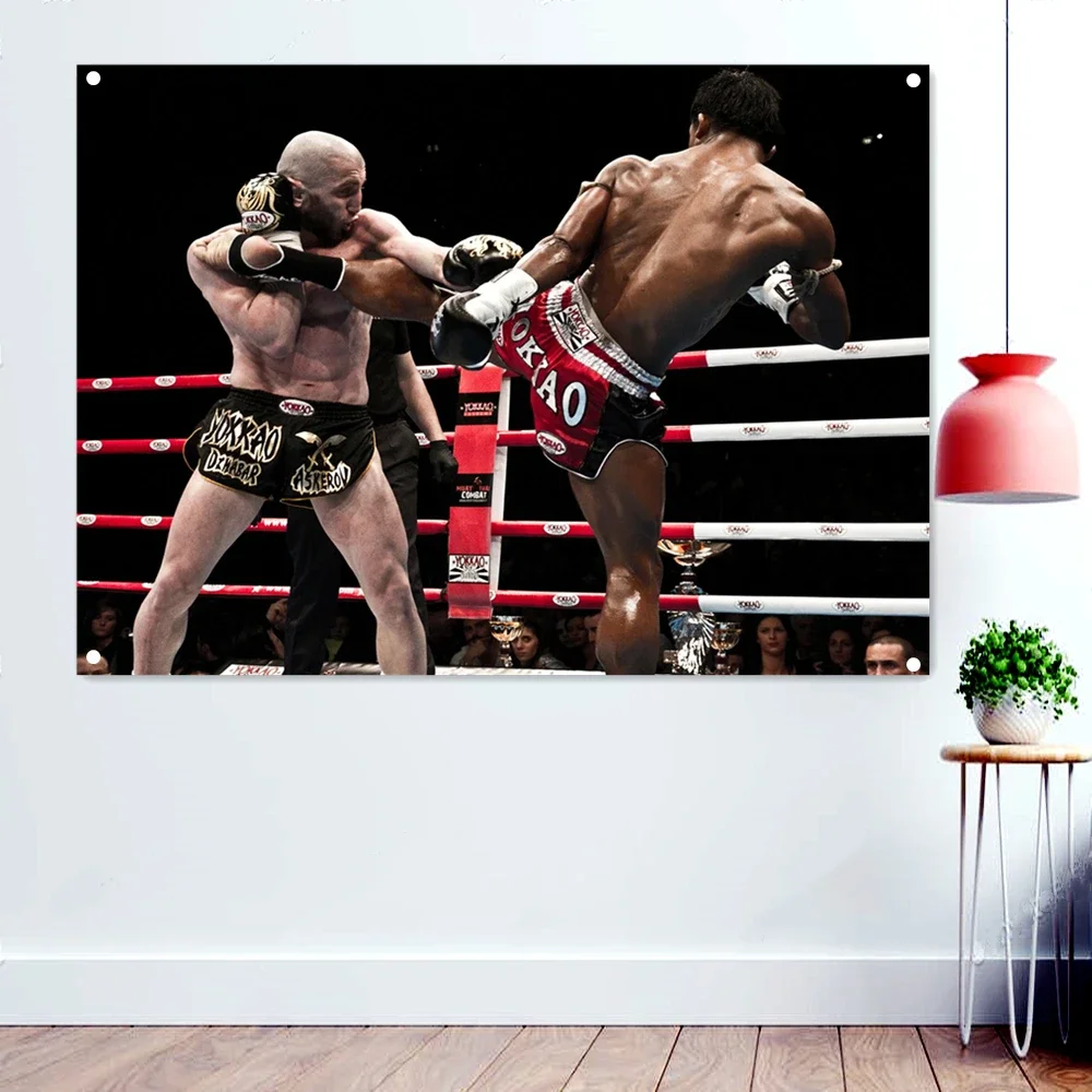 Strong Man Boxing Match Wallpaper Banners Wall Art Kickboxing, Muay Thai, Martial Arts Posters Workout Sports Flags Gym Decor