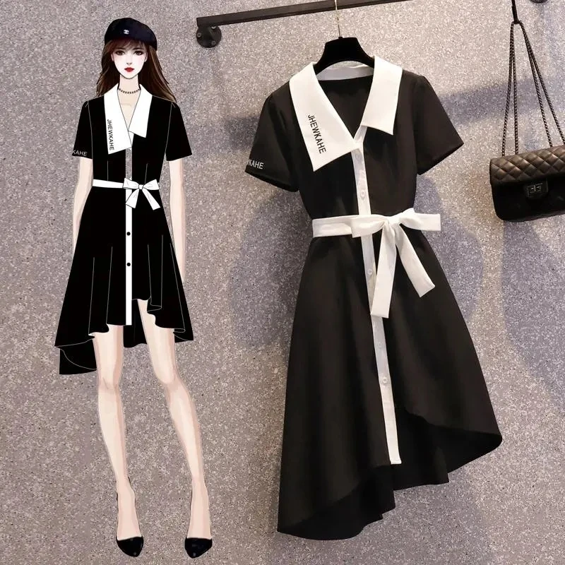 

French temperament irregular large size women's dress 2022 summer new button straps show thin and meat-reducing mid-length skirt