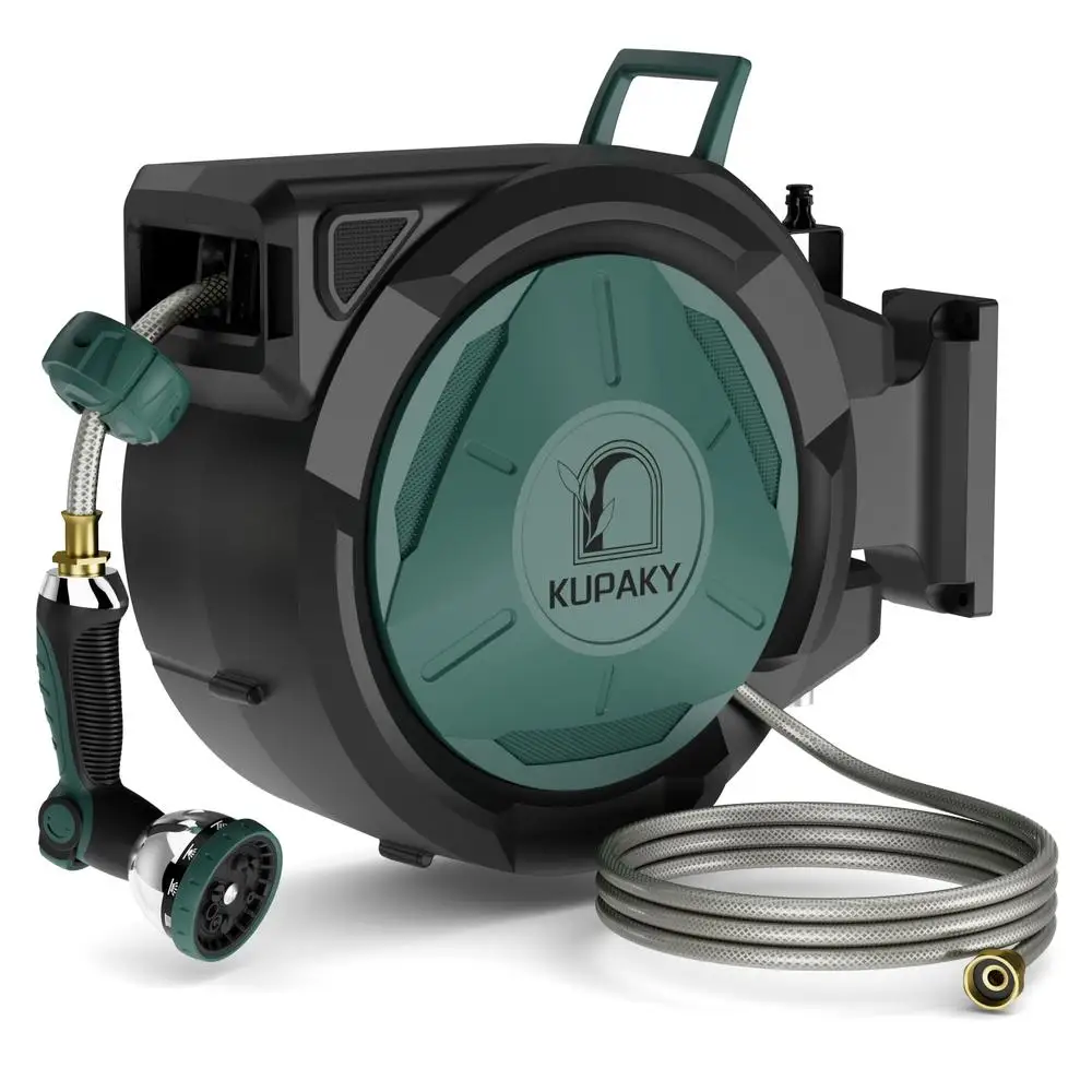 Retractable Garden Hose Reel 1/2 in x 100 ft Outdoor Automatic Water Heavy Duty Wall Mounted Lock 4-Layer Brass Connector Swivel