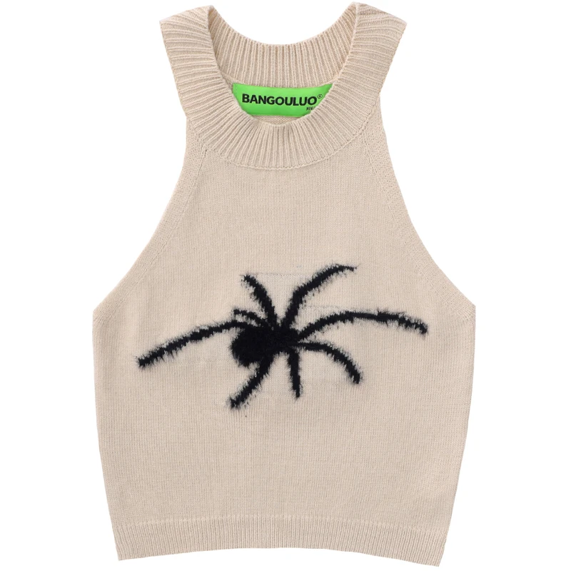 

Black Spider Retro Pure Desire Wind Spicy Girl Sexy Sleeveless Tank Top Hanging Neck Slim Fit Short Knitted Shirt