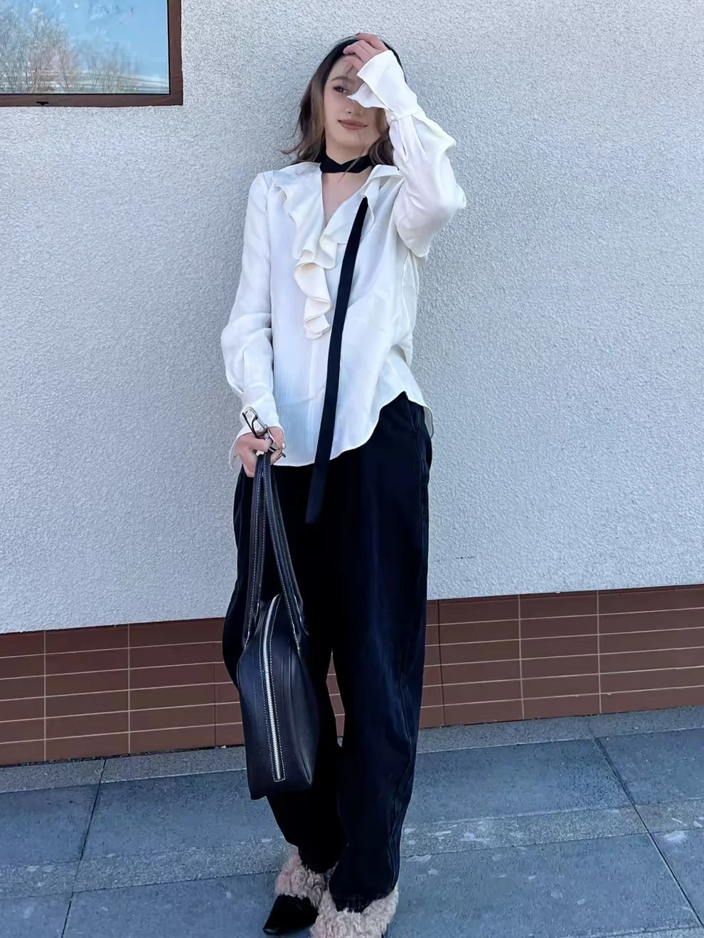 

Elegant Versatile Casual Comfortable Long Sleeve Women's Shirt Spring Design Sensation Gored Splicing Draping Top