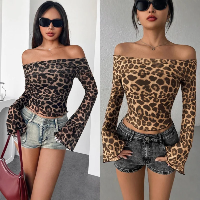 

European and American New20252025New Off-Shoulder Long SleeveTLeopard Print Mesh Top Hot Girl