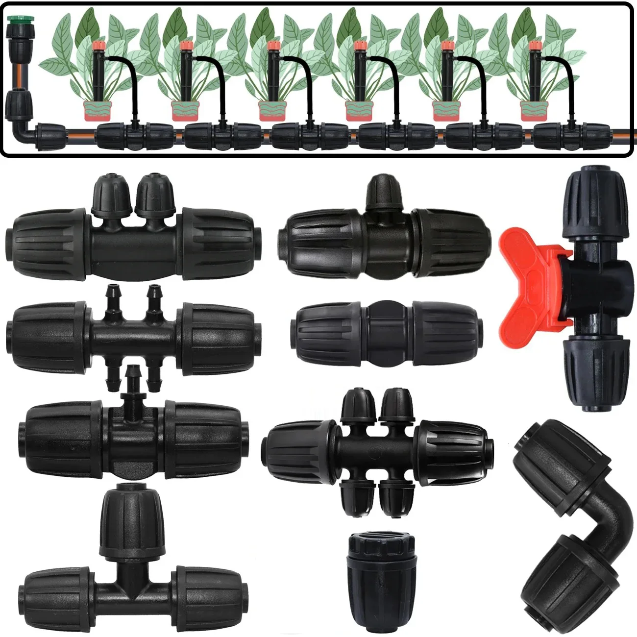 5pcs 1/2'' PE Pipe 16mm Connector Splitter Tee Coupling Threaded Lock to 4/7mm 3/5mm Hose Garden Watering Drip Irrigation