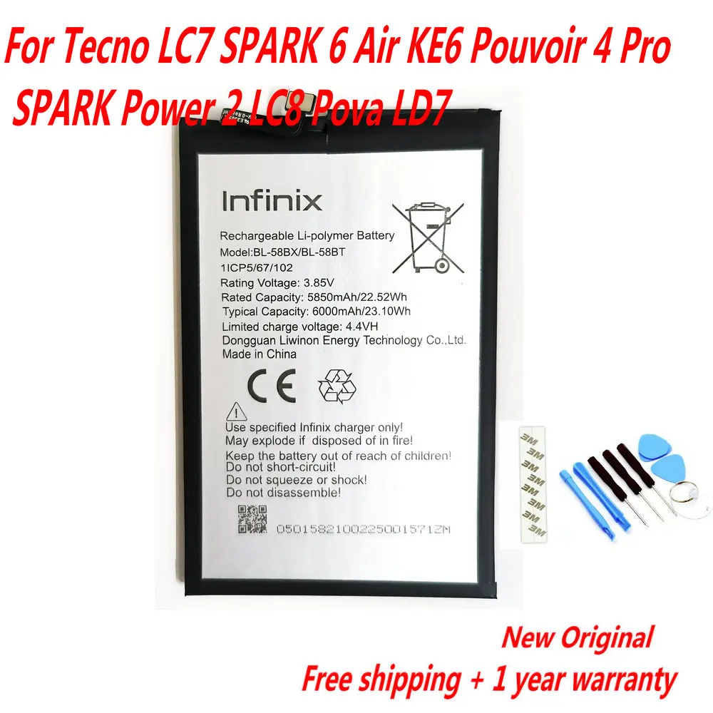 Original 6000mAh BL-58BT BL-58BX Battery For Tecno LC7 SPARK 6 Air KE6 Pouvoir 4 Pro SPARK Power 2 LC8 Pova LD7  Mobile Phone