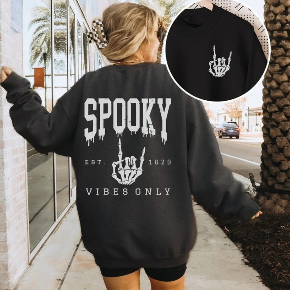 

Halloween Sweatshirt or Hoodie Back Print Vintage Fall Spooky Season Skeleton Crewneck Halloween Lover Gifts