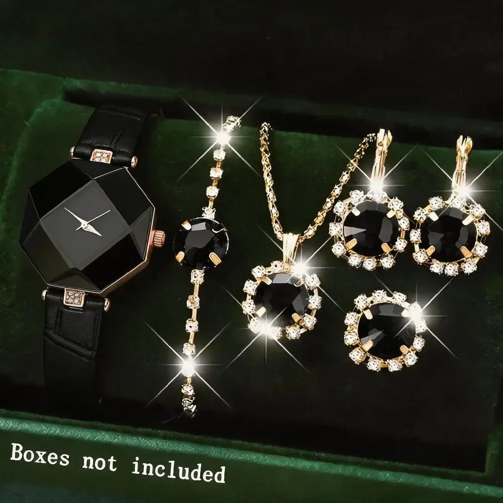 5Pcs Women Luxury Black Octagon Dial Quartz Watch Jewelry Set Rhinestone Necklace Earrings Bracelet Ring Gift Set, No Box