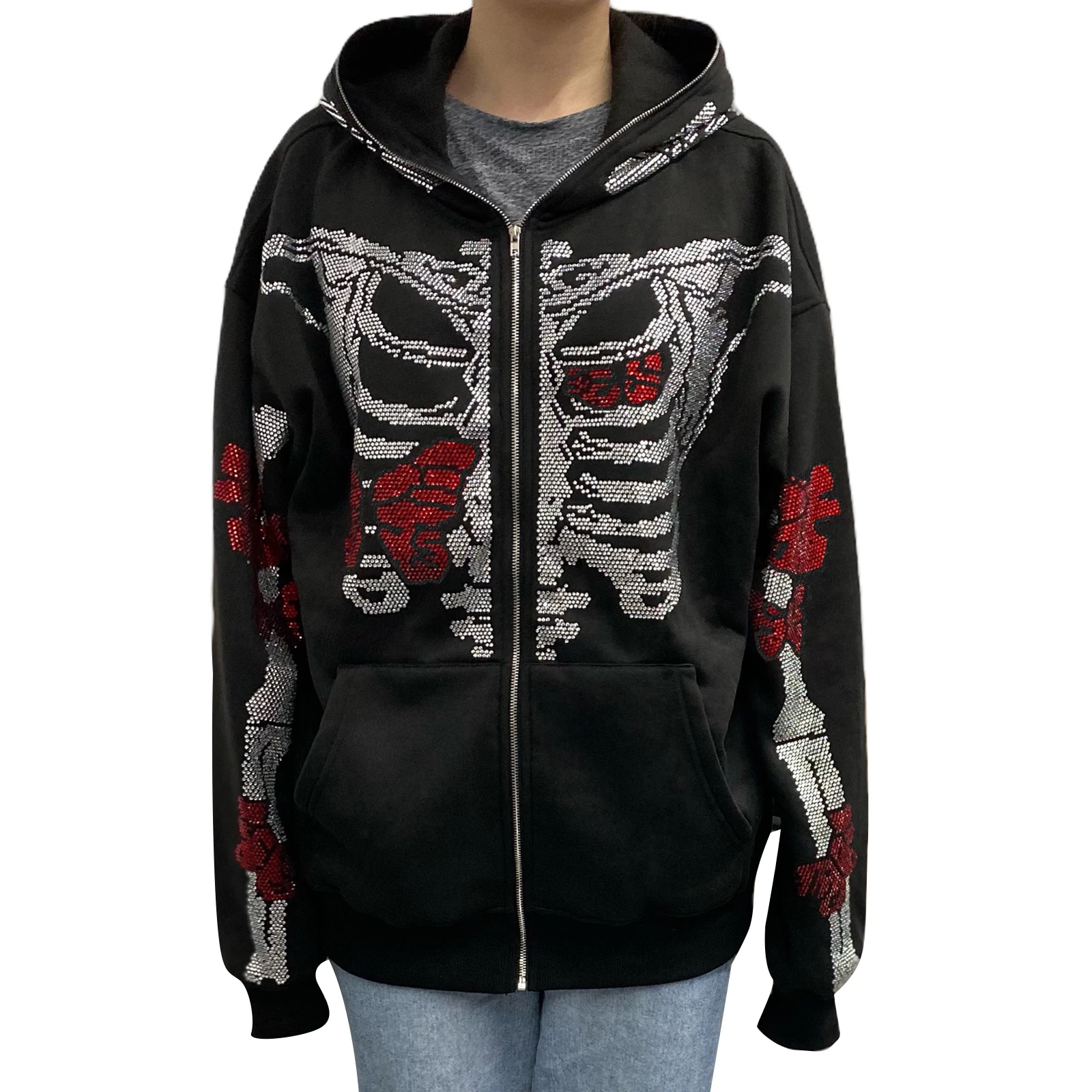 2024 Autumn Women Tracksuit Korean Rhinestones Skull Butterfly Skeleton Print Long Sleeve Hooded Jacket  Oversized Clothes