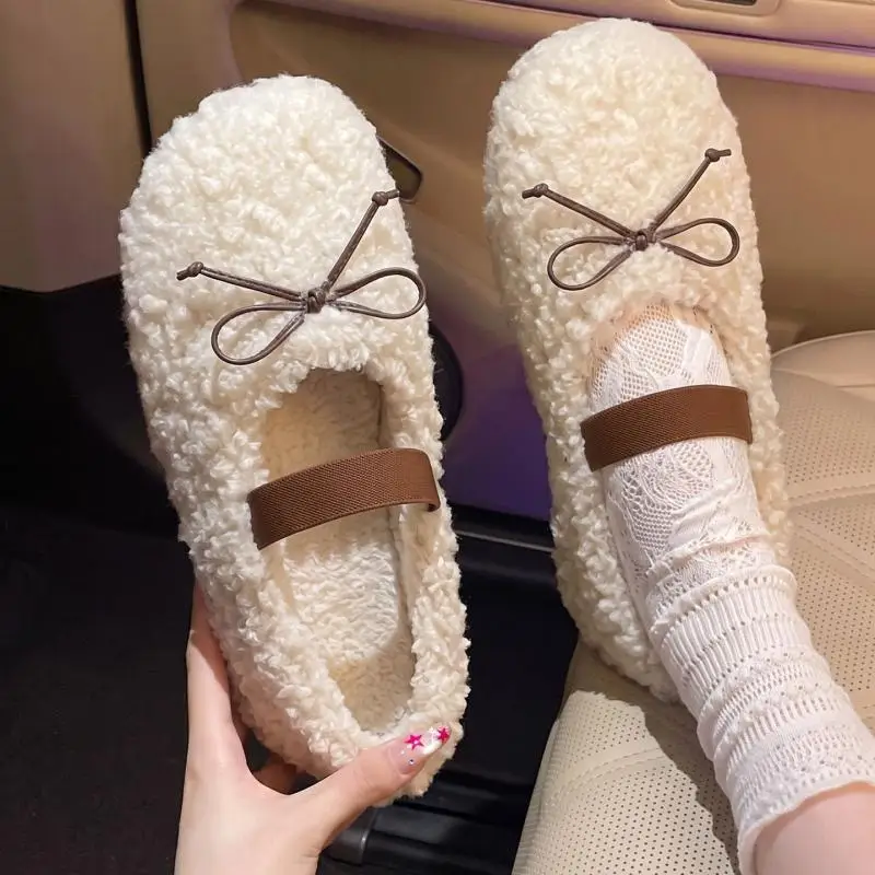 Korean Style Lambswool Mary Jane Shoes for Women 2026 Autumn Sweet Bowknot Fluffy Fur Winter Ballet Flats Women Warm Plush Shoes