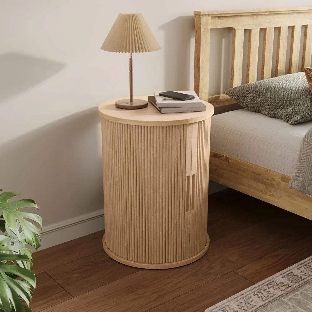

End Tables, Side Table W/Storage End Table Sliding Tambour Door, Adjustable Shelf Small Wood Bedside Table for Bedroom Live Room