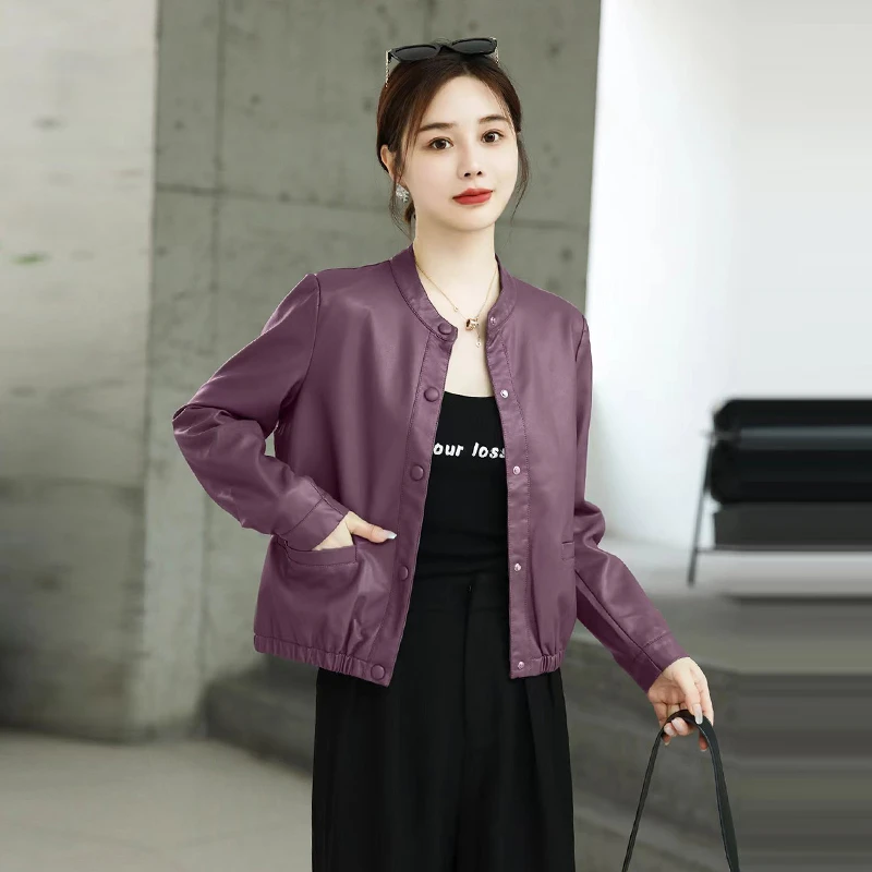 Fashionable PU Leather Jacket Women's Loose Casual Slimming Short Coat round Neck Popular Style Commute Wind Polyester Fiber