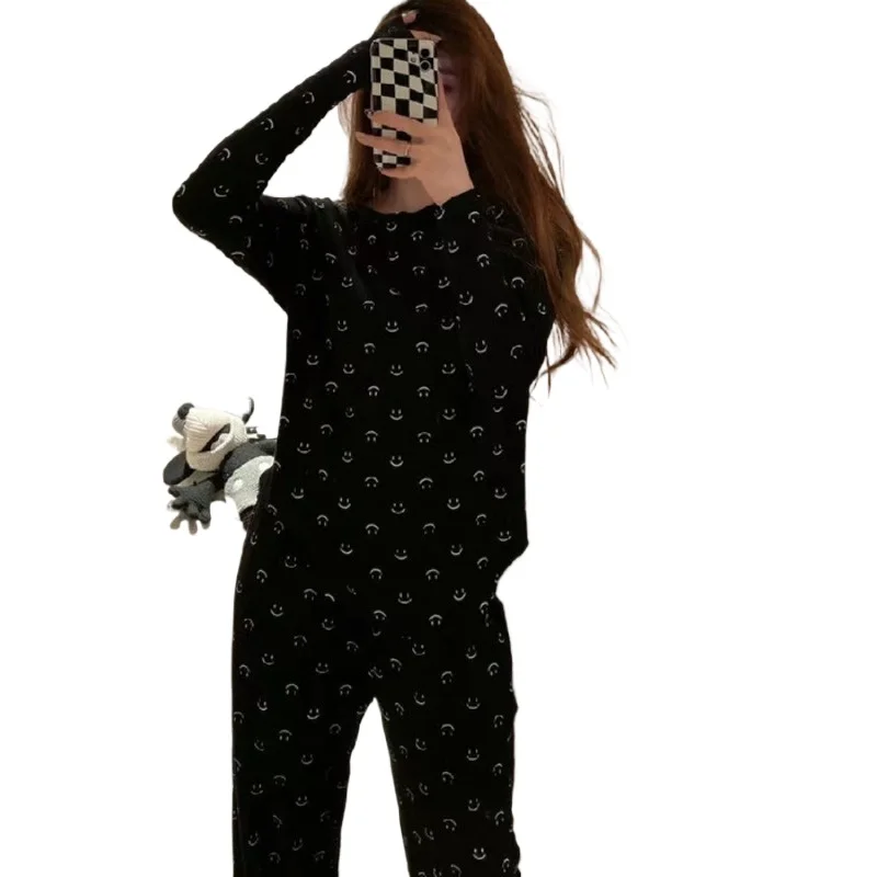 New Women Spring Autumn Pajama Set Girls Round Neck Loose Long Sleeve Pants Student Home Wear Worn Outside Lady Casual Two-Piece