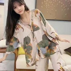 Silk Noil Spring and Summer Pajamas Female Trousers with Seven-quarter Sleeves Cardigan Loose A Loungewear Set Can Worn Outside