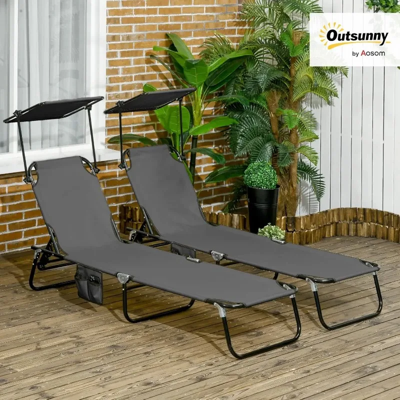 Folding Chaise Lounge Pool Lounge Chairs Set of 2, Outdoor Sun Tanning Chairs with Canopy Shade, Reclining Back,, Customized