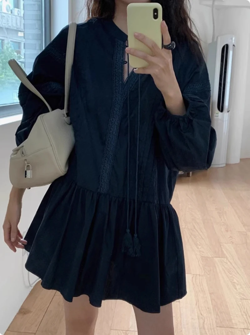 New Korea Chic Dresses Spring Retro National Stand Collar Splicing Lace Hook Flower Loose Ruffled Long-sleeved Dress Female