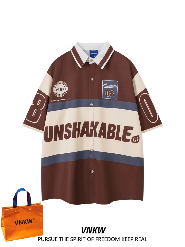 

American Style Short Sleeve Shirt Letter Print Color Block Unisex Summer Loose Casual Collar Shirt for Couples