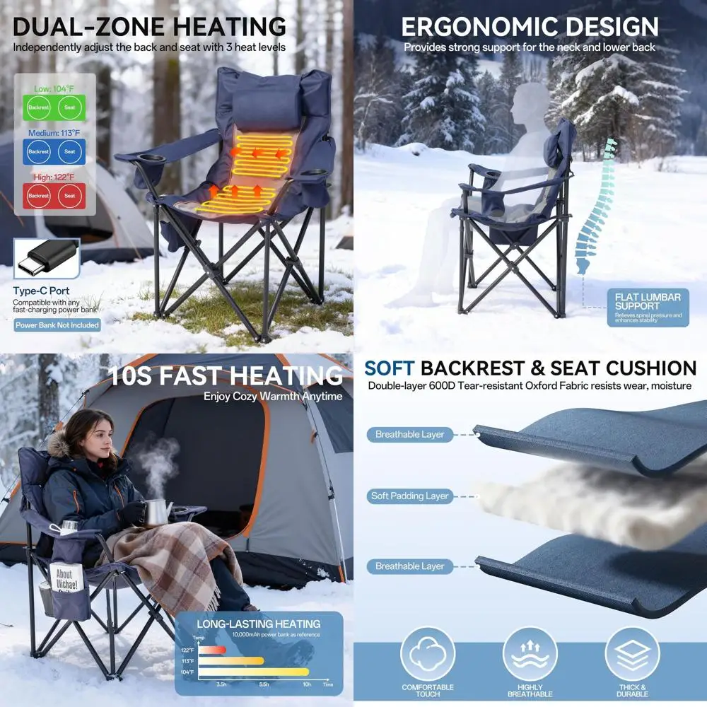 

Heated Camping Chair, Oversized Folding Heated Chair with Back & Seat Heating, Supports 400 lbs, Portable Heated Outdoor Chair f