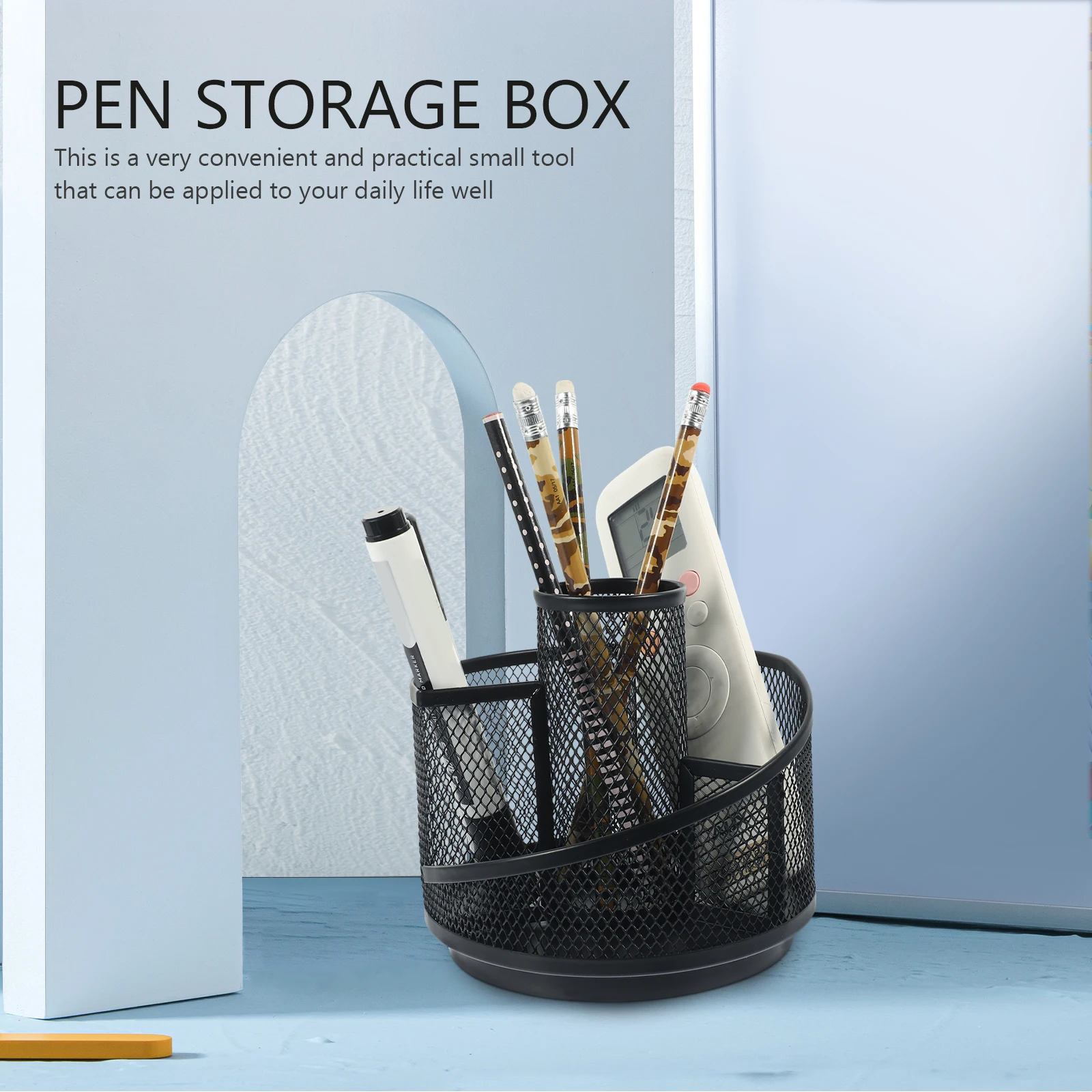 

Round Rotating Iron Pen Holder Multifunctional Wear Resistant Black Desktop Office Stationery Storage Box Pencil for Desk