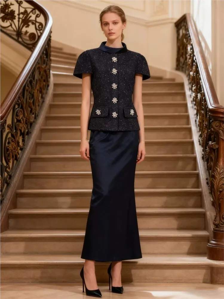 Socialite Skirt Two Piece Set Temperament Elegant Zipper Xiaoxiangfeng Tops Satin Package Hip Skirts 2 Piece Sets Female New
