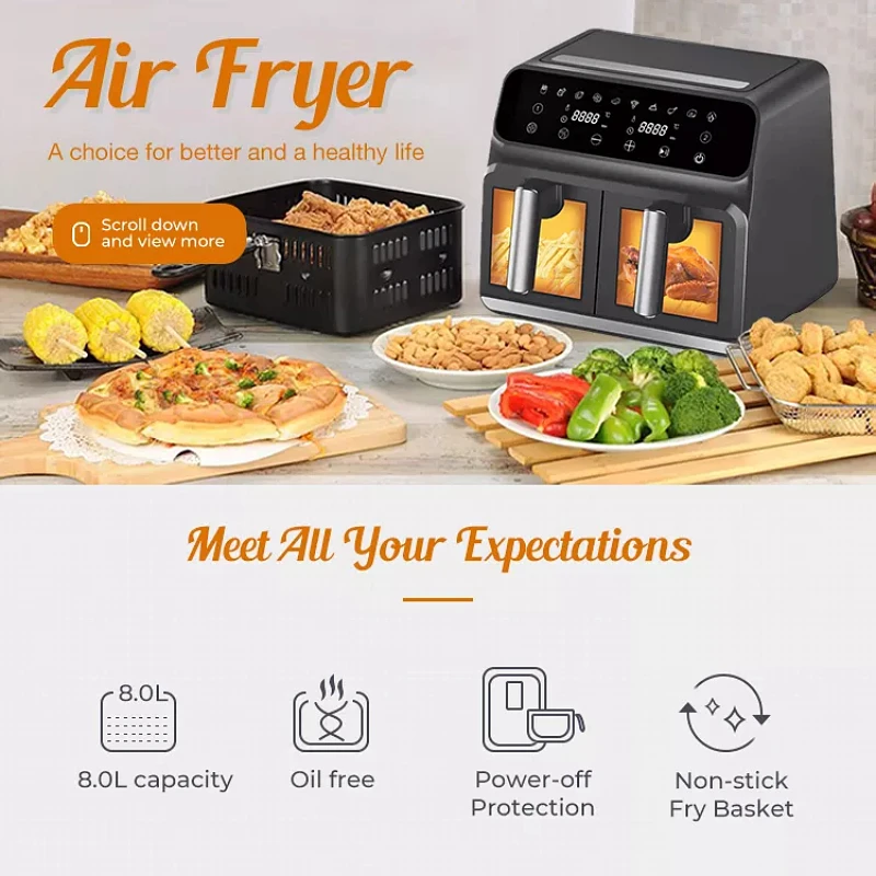 OEM High Quality kitchen Electric Hot Air fryer Oven Oiless Cooker Machine double air fryer with dual basket