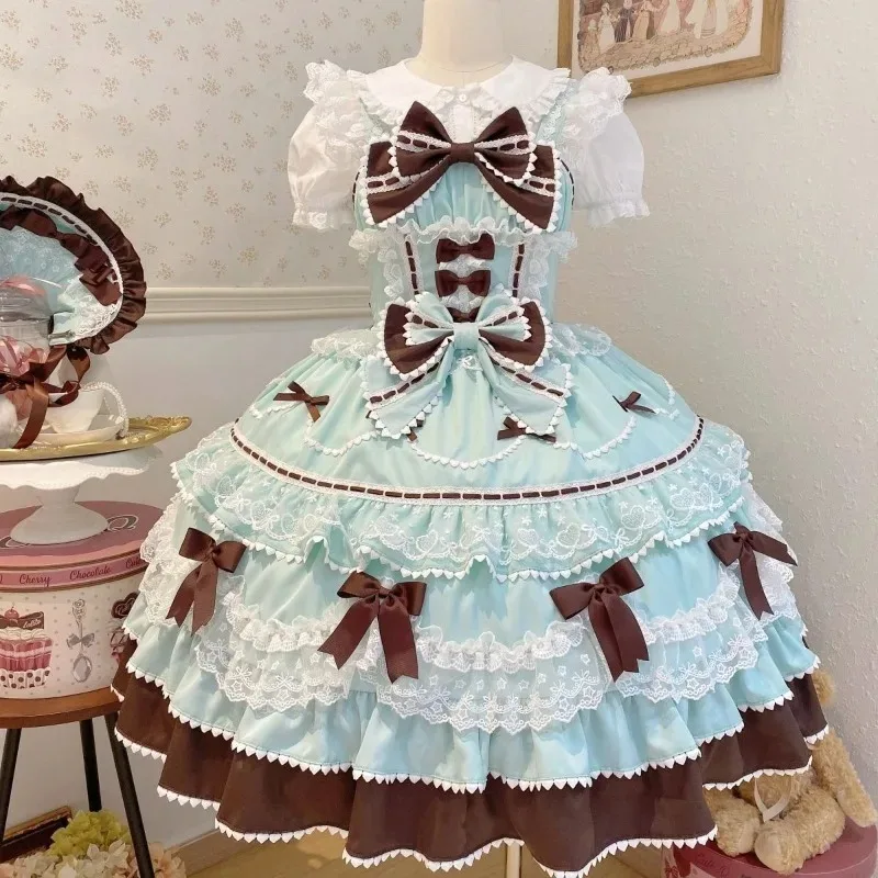 Y2K Sweet Lolita Jks Strap Dress Women Solid Ruffle Lace Bow Patchwork Kawaii Princess Ball Gown Knee-Length Elegant Party