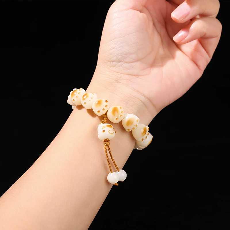 JD Natural Bodhi Root Carved Cat Claw Lucky Cat Cartoon Bracelet Women Weathered Charcoal Burn Small Cute Ethnic Style Jewelry