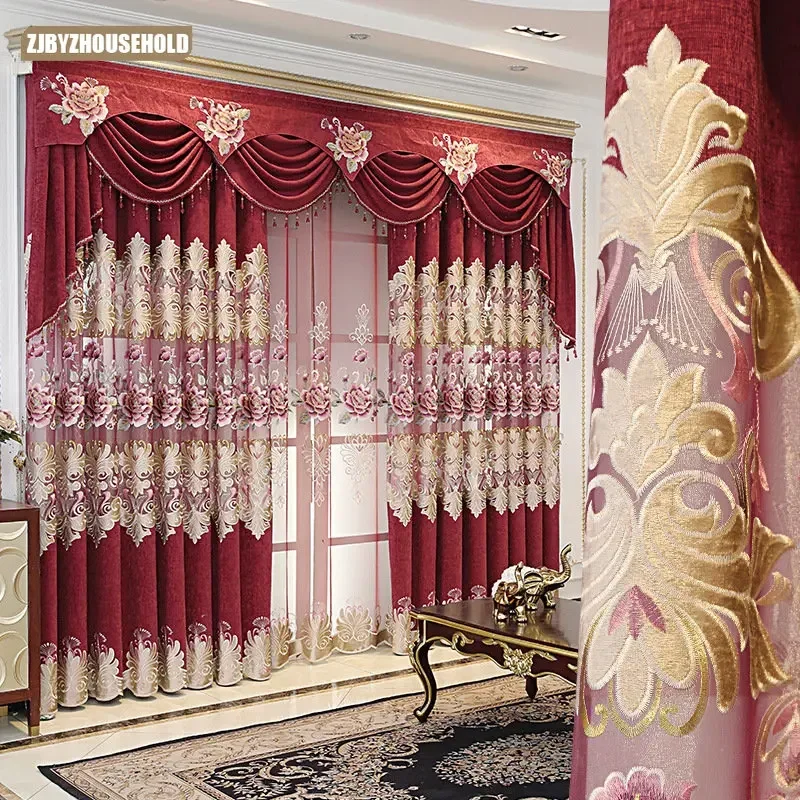 

New Style Curtains European Style Retro Chenille Hollow Embroidery Shading Customization Curtains for Living Dining Room Bedroom