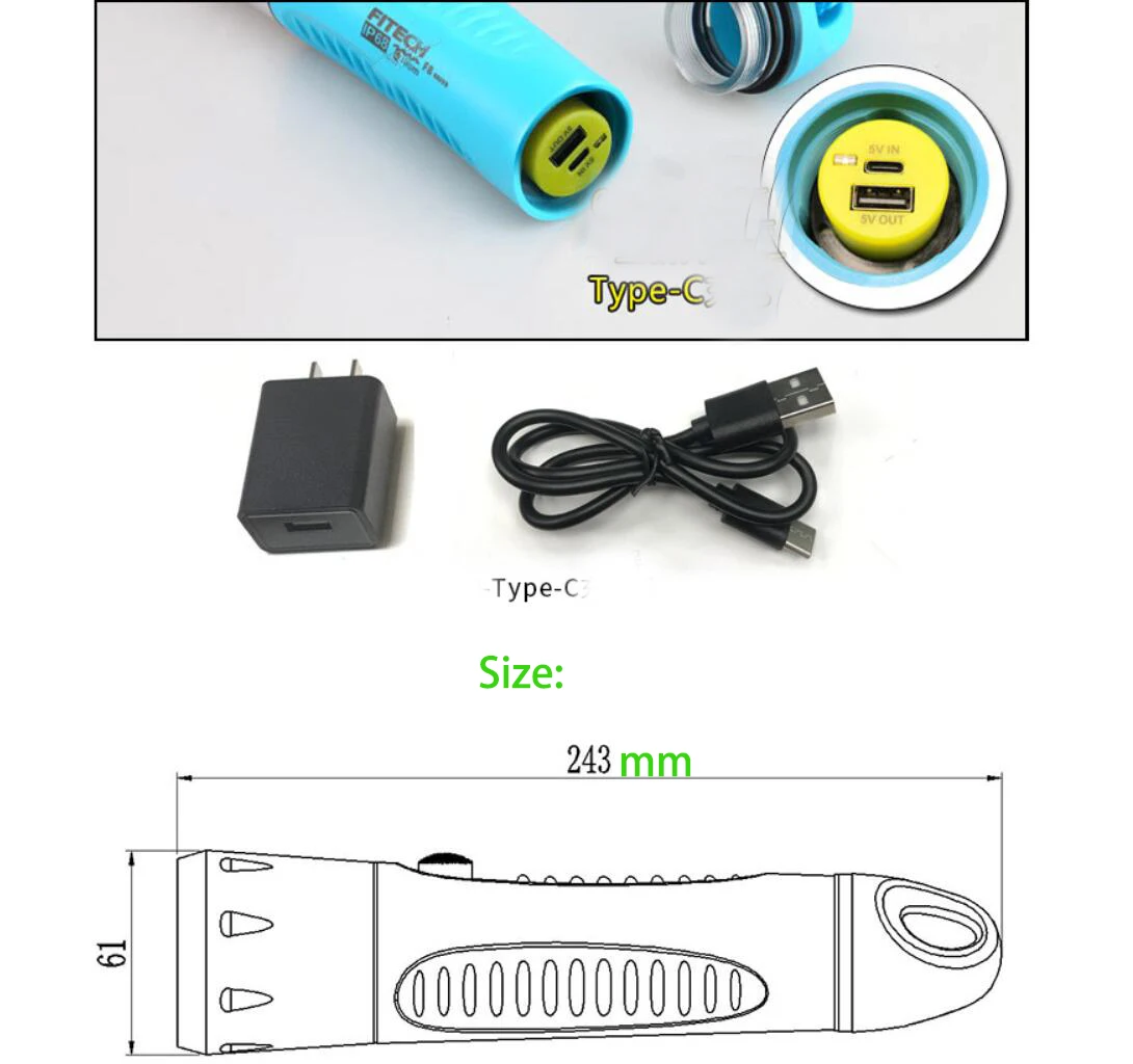 Imagem -06 - Fitech-lanterna de Mergulho Profissional Usb tipo c Recarregável 1000 Lumens Led Power Bank Função Tocha à Prova Dágua f8