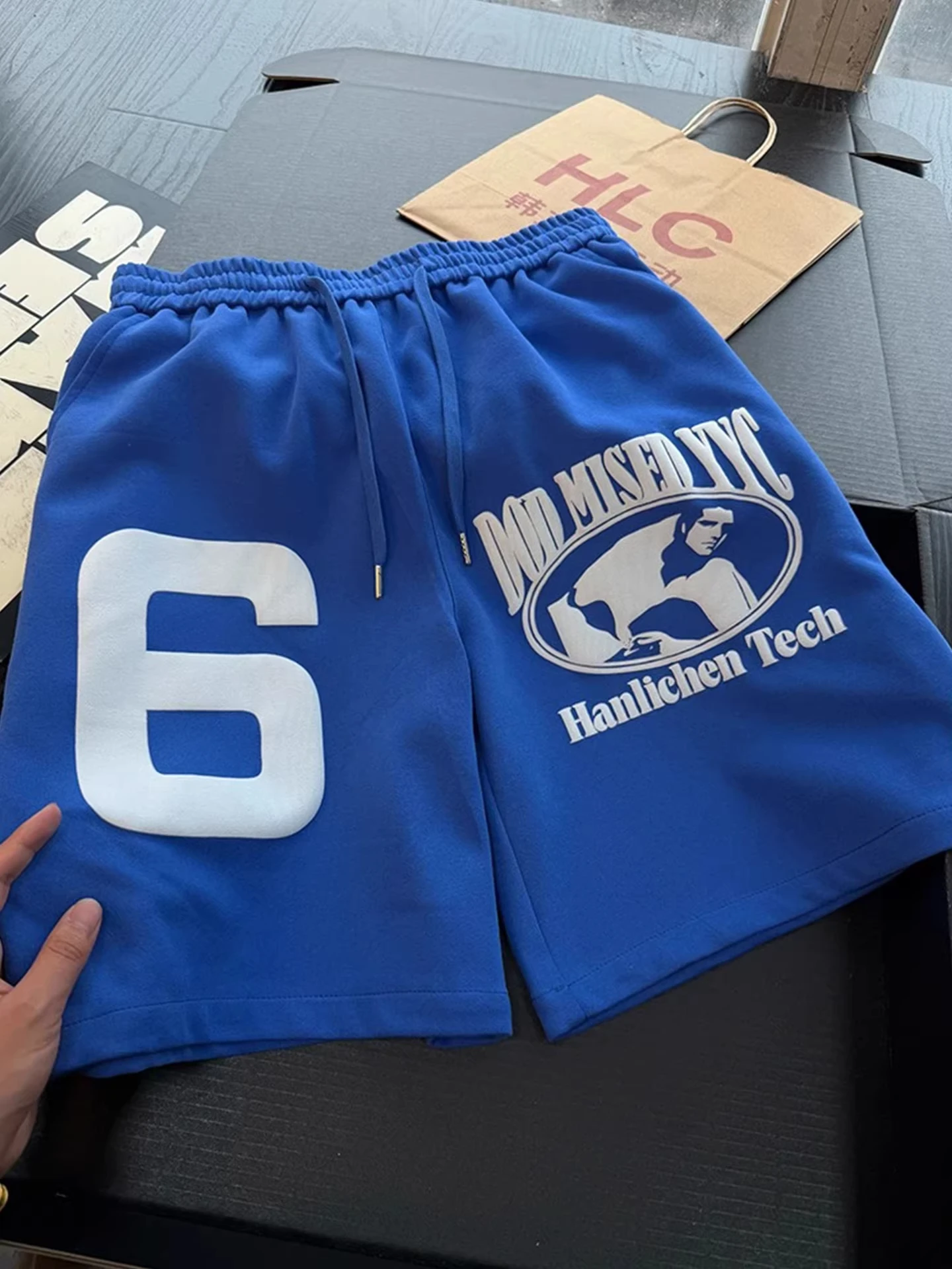 

Klein Blue Printed Foam Shorts Men's Summer American Basketball Sports Straight Leg Five-Quarter Pants Casual Elastic Waist