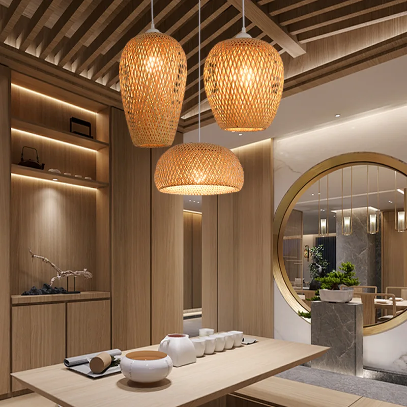 Zen Minimalist Pendant Lights Bamboo Woven Natural Brown Kitchen Dining Room Living Bedroom Cafe Restaurant Lighting Chandelier
