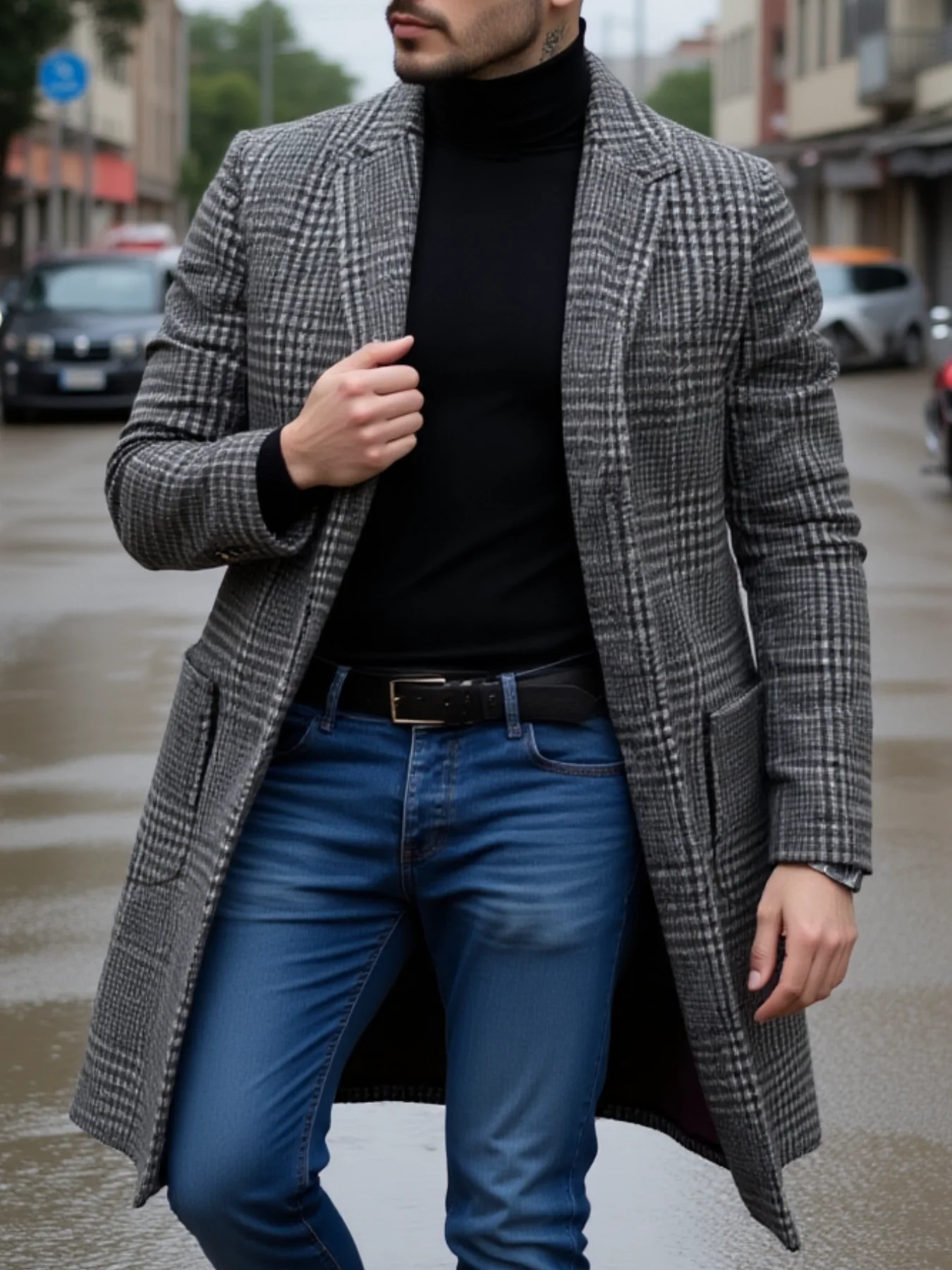 

Теплый и стильный мужской плащ с узором «гусиные лапки», ветрозащитное пальто на флисовой подкладке, повседневное зимнее шикарное пальто европейского стандарта, куртка