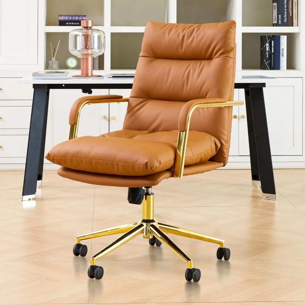 

Leather Gold Home Office Desk Chair, Executive Comfy Desk Chair with Support Armrests, Swivel Wheels, Height Adjustable, Mid Bac